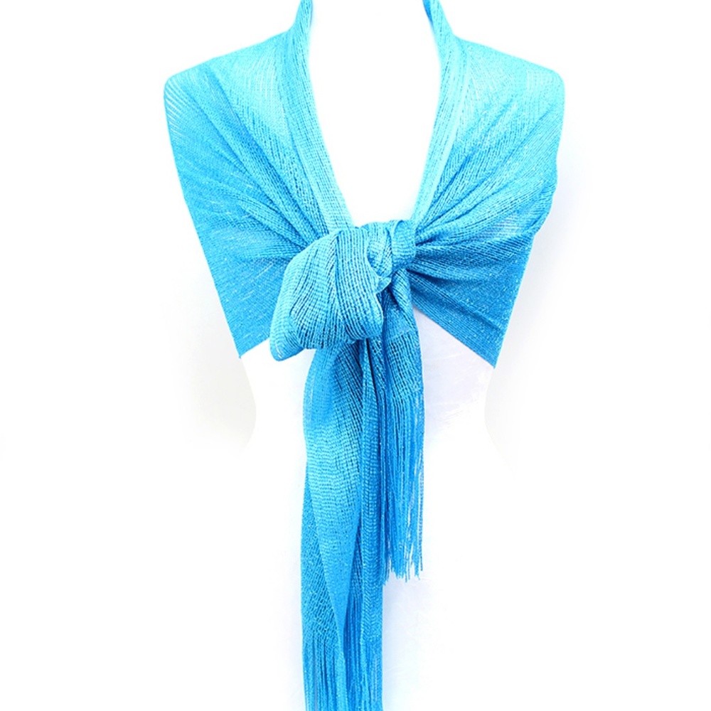 Turquoise Blue Shimmery Mesh Fringed Evening Wrap Shawl Scarf Prom Wedding BOHO